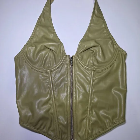 Out From Under Olive Green Faux Leather Halter Corset Top Size M - Picture 1 of 8